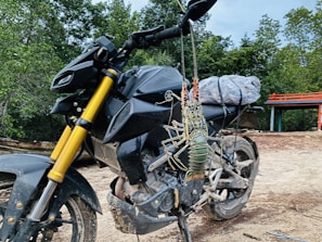 A motorcycle parked outdoors with a large lobster tied to its side. The motorcycle has a black frame with gold forks, and there is a package wrapped in plastic on the seat. The background features dense green trees and a small red and blue structure.