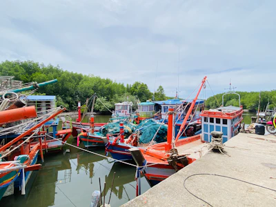 Colorful fishing boats docked near a vibrant coral reef in crystal-clear water