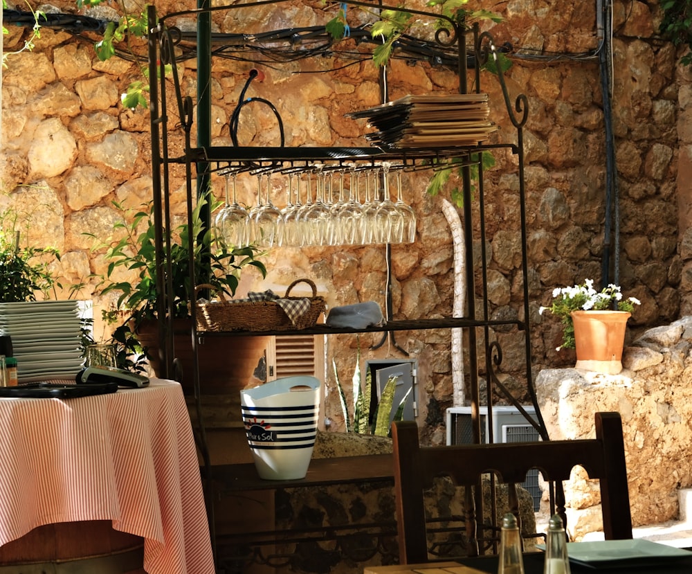 a table with a vase and a basket on it