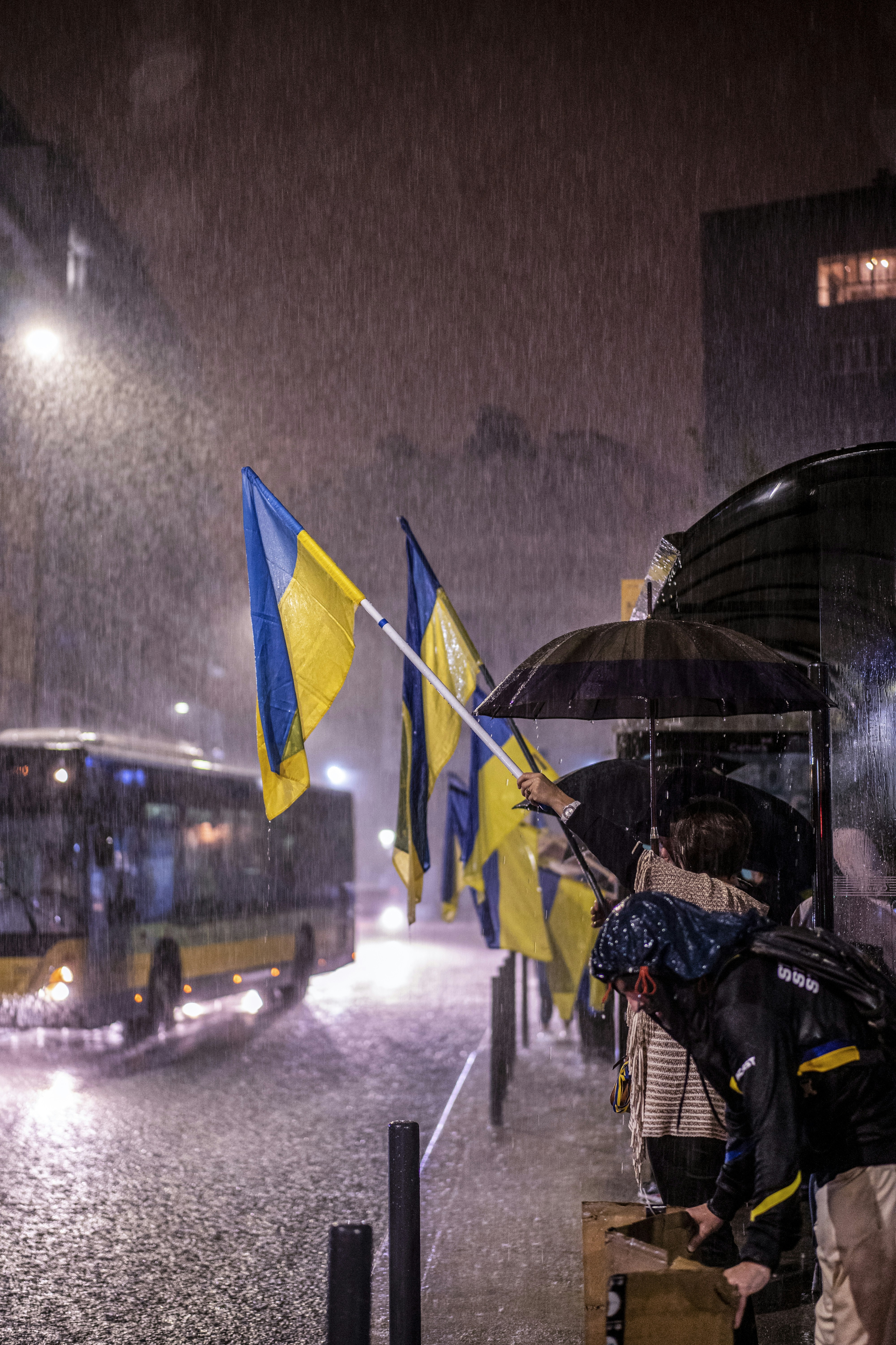 a group of people holding flags