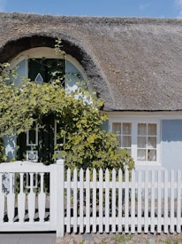 A charming thatched-roof cottage with light blue walls and a white picket fence. Green foliage climbs around the doorway, providing a contrast to the cottage’s soft colors. A small window with white curtains is visible under the roof.