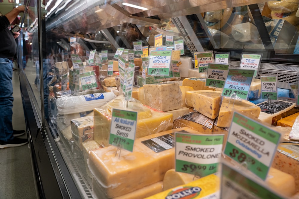 a display of cheeses