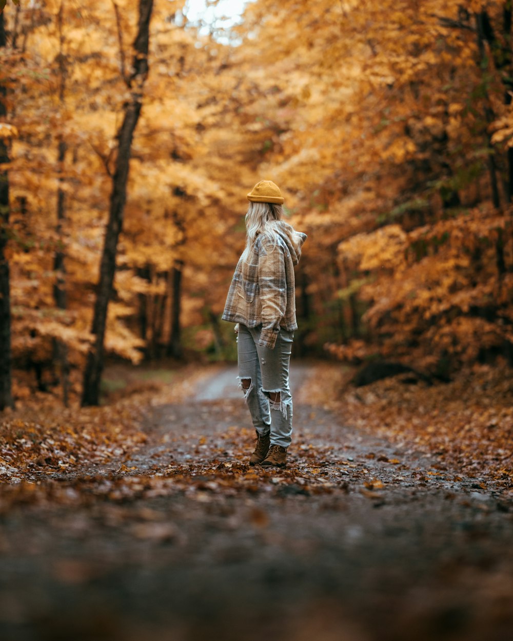 eine Person, die auf einem Weg mit Bäumen auf beiden Seiten geht