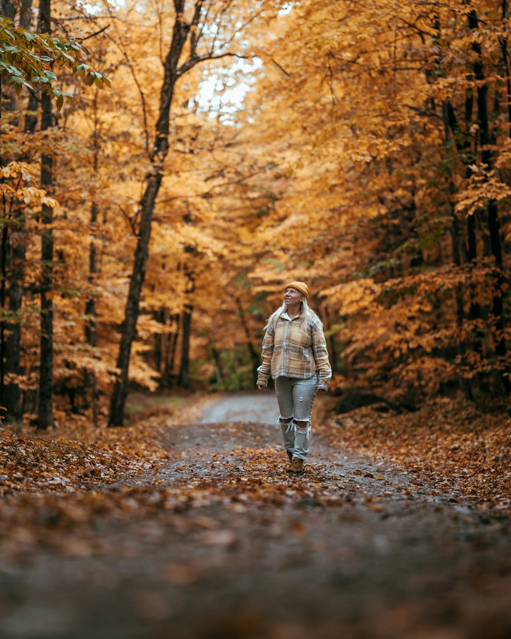 a person walking on a path in a forest