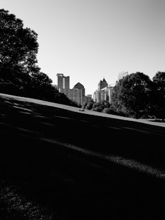 A black and white photograph of a city skyline with modern skyscrapers visible in the background. The foreground features a large park with people sitting on the grass. Shadows from trees create a pattern on the ground, and the overall setting appears serene with an urban atmosphere.