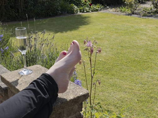 A pair of feet, with toes painted red, rest on a stone ledge in a garden setting. Beside the feet, there is a tall glass of sparkling wine. The scene includes a well-maintained lawn and some flowering plants, with bright sunlight casting shadows.