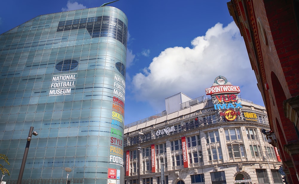 a large building with a sign on it