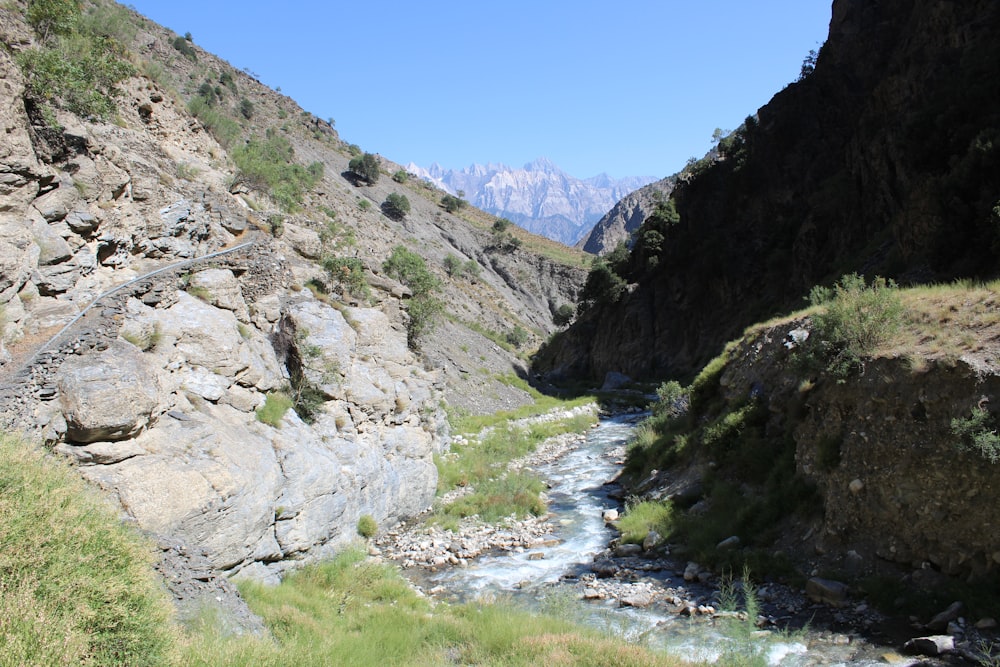 a river running through a valley between mountains