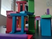 A creative display of completed building block projects.