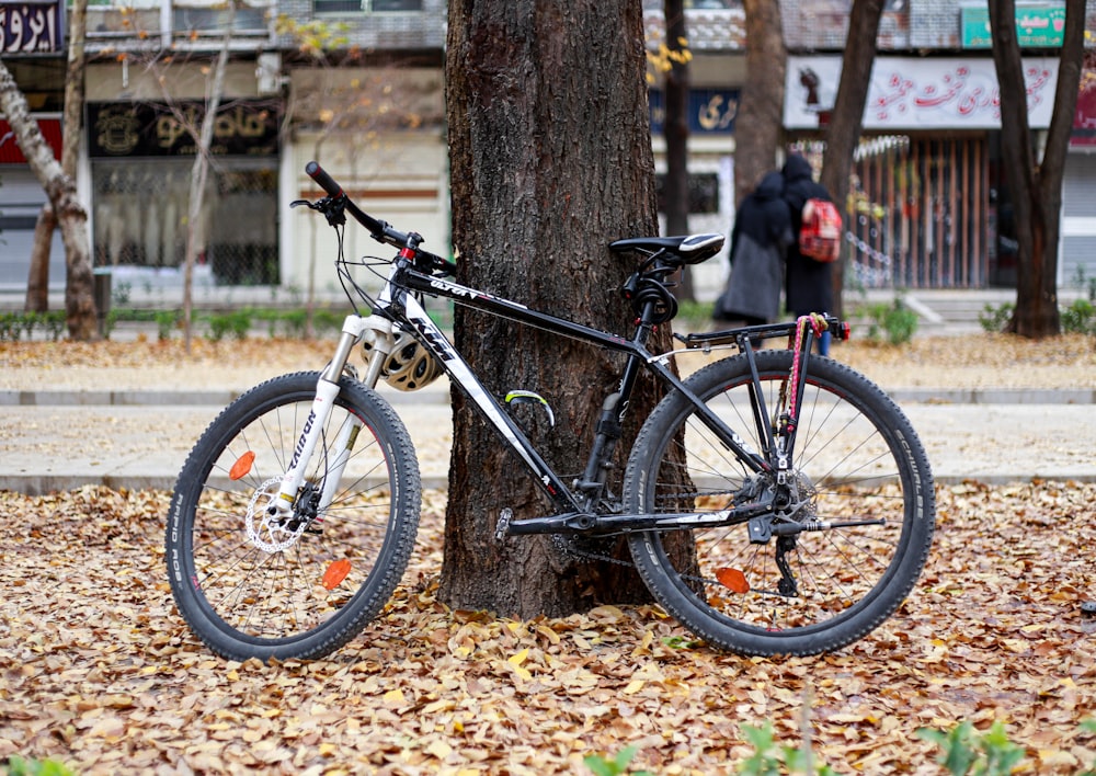 a bicycle leaning against a tree