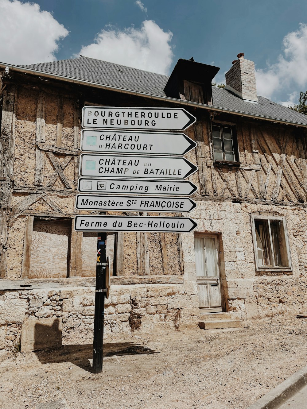 a sign board is posted in front of a house