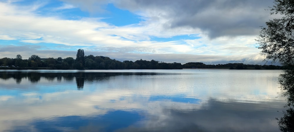 a body of water with trees and blue sky in the background