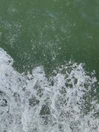 Splashes of clear, white water droplets rise against a background of deep green water, creating a vibrant and dynamic visual. The movement of the water is captured mid-action, depicting a sense of energy and fluidity. Small bubbles and droplets scatter throughout the lower portion of the scene, contrasting with the smooth texture of the green water surface.