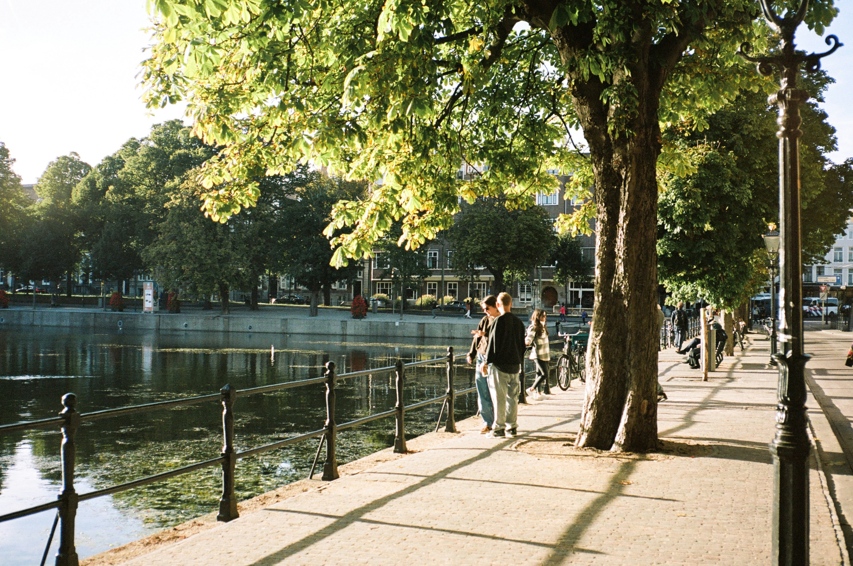a couple walking on a sidewalk by a river