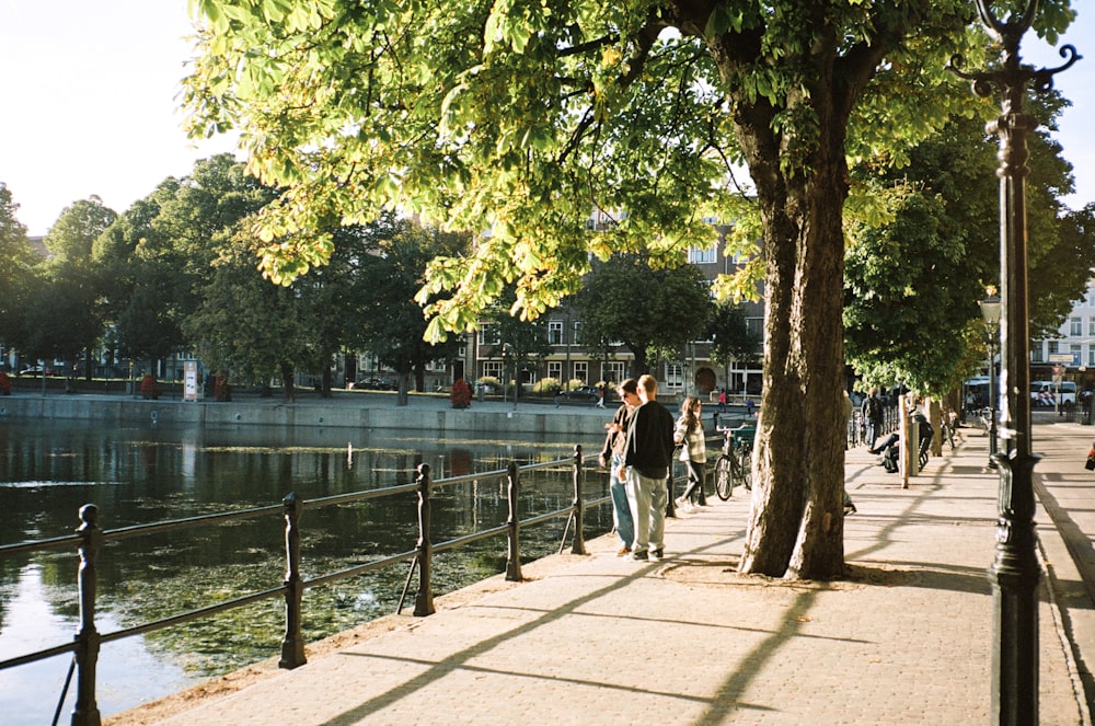 a couple walking on a sidewalk by a river