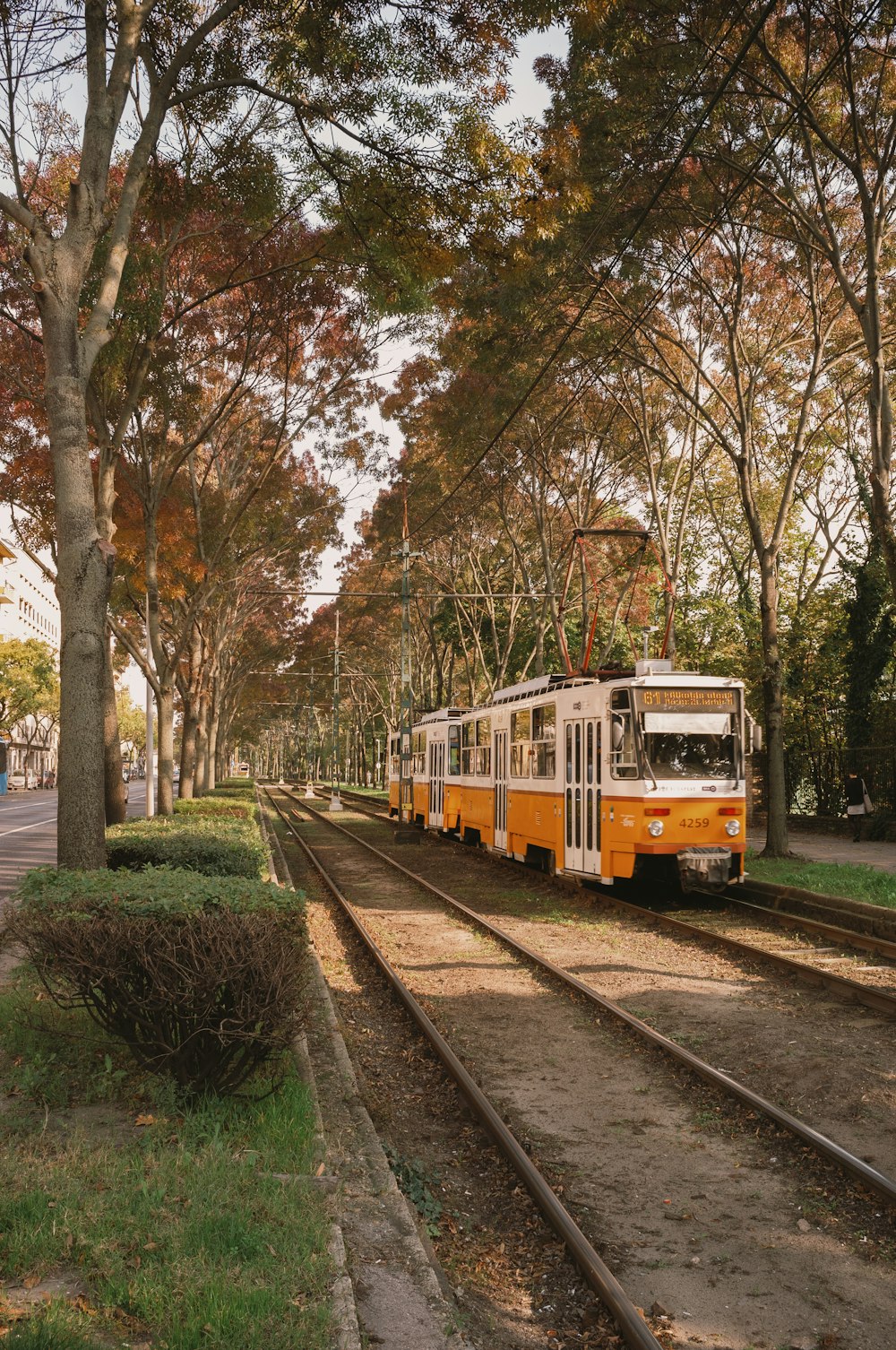 a train travels down the tracks