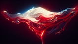 A flowing, abstract structure composed of sweeping, interconnected curves and layers with vibrant red, white, and hints of blue lighting. The design resembles a dynamic wave or mesmerizing fluid motion set against a dark background.