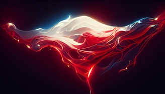 A flowing, abstract structure composed of sweeping, interconnected curves and layers with vibrant red, white, and hints of blue lighting. The design resembles a dynamic wave or mesmerizing fluid motion set against a dark background.