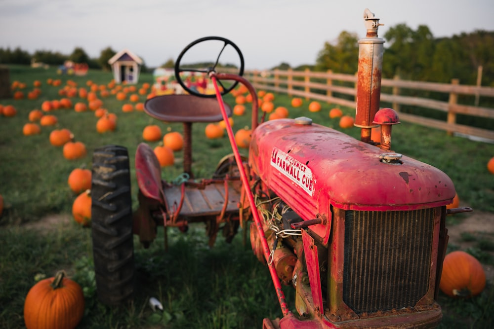 a tractor in a pumpkin patch