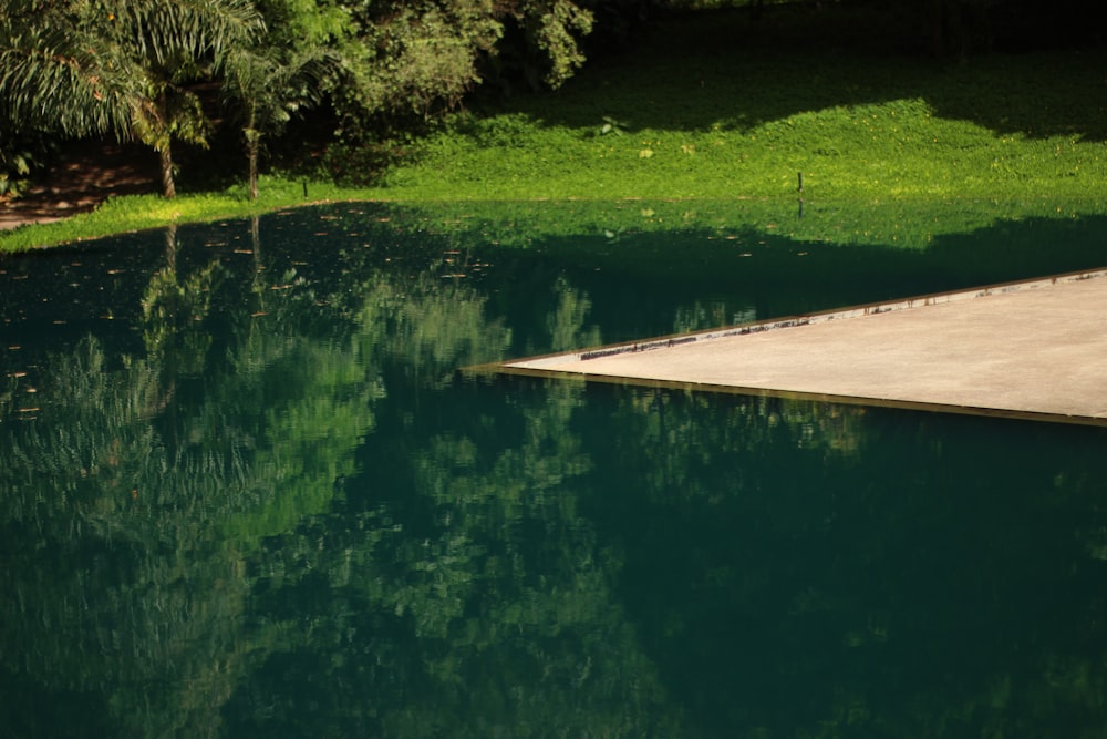 un plan d’eau avec de l’herbe et des arbres autour