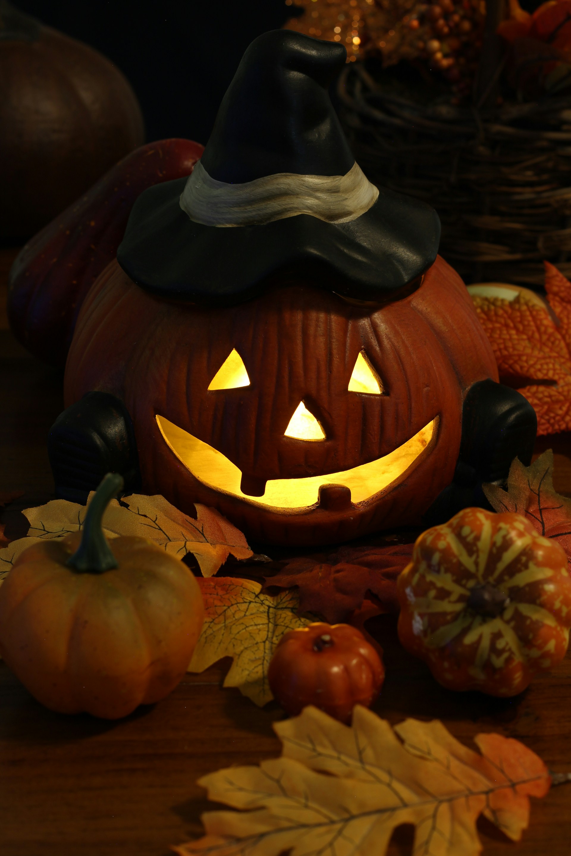 a group of carved pumpkins