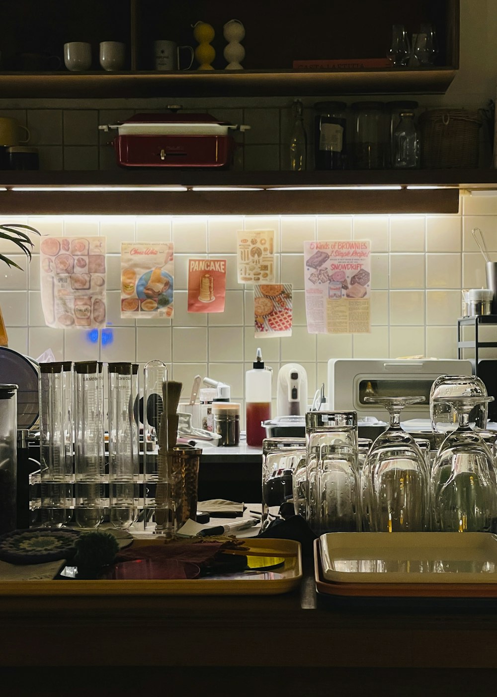 a kitchen counter with a coffee maker