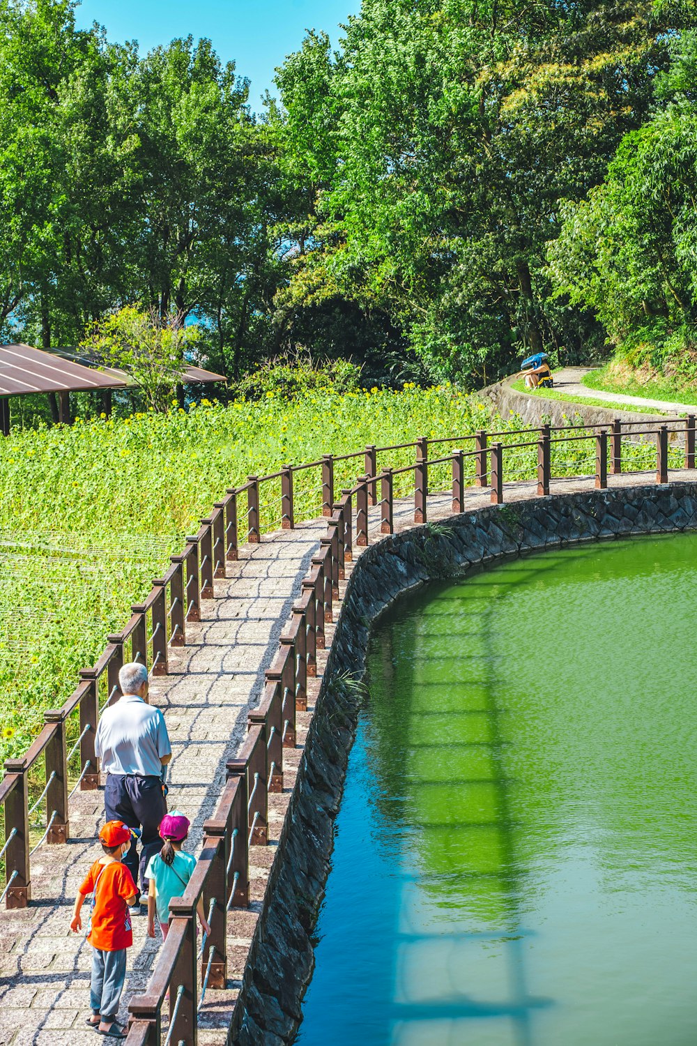 a group of people walking on a bridge over a river