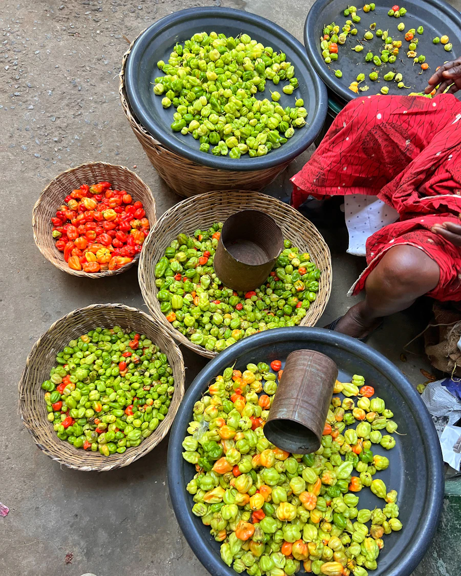 Baskets of fresh Ghanaian fruit and vegetables