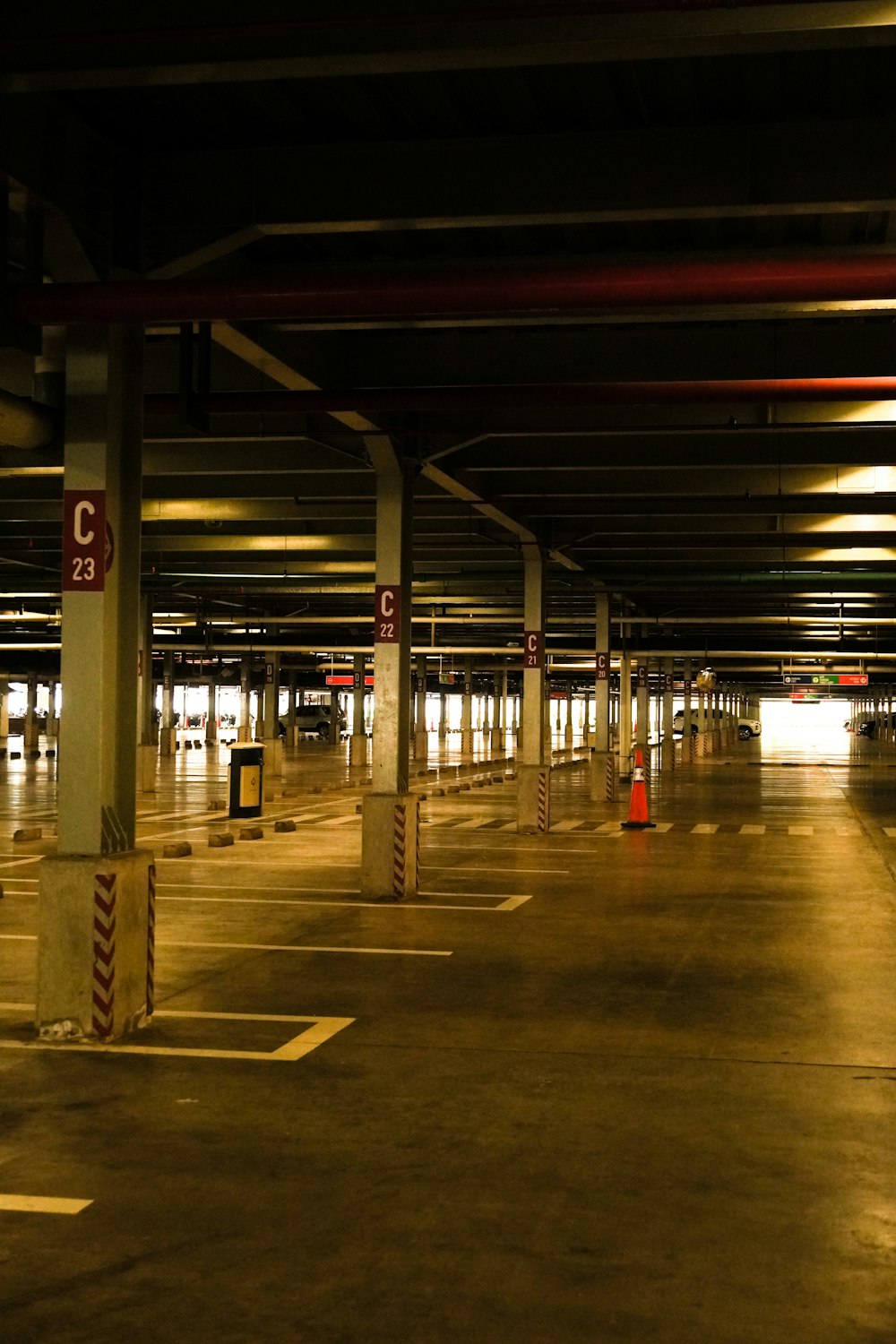 a parking lot with a sign