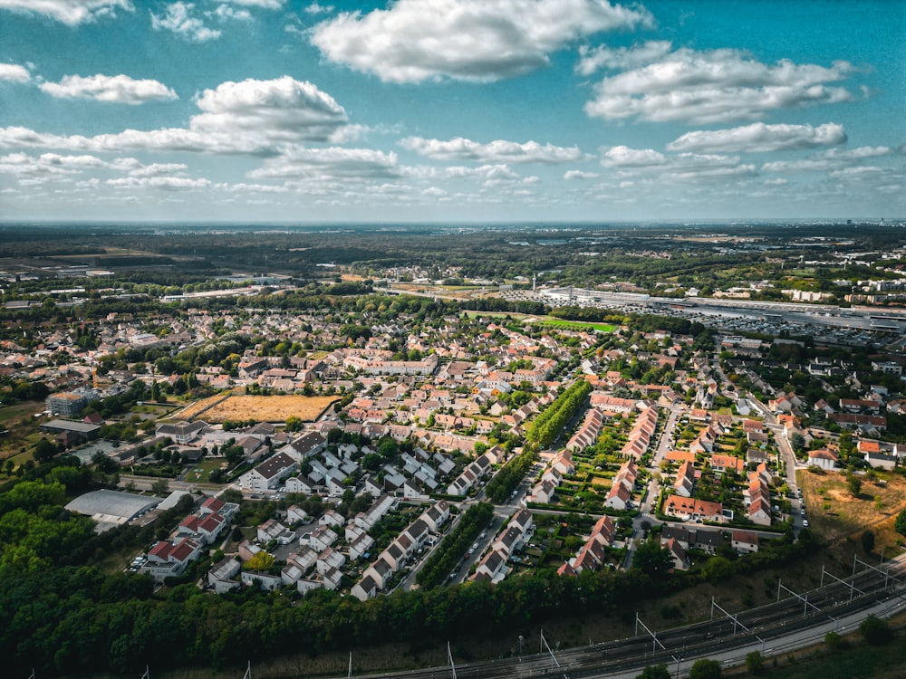 a city with many buildings and trees