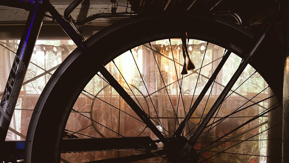 a close up of a bicycle wheel