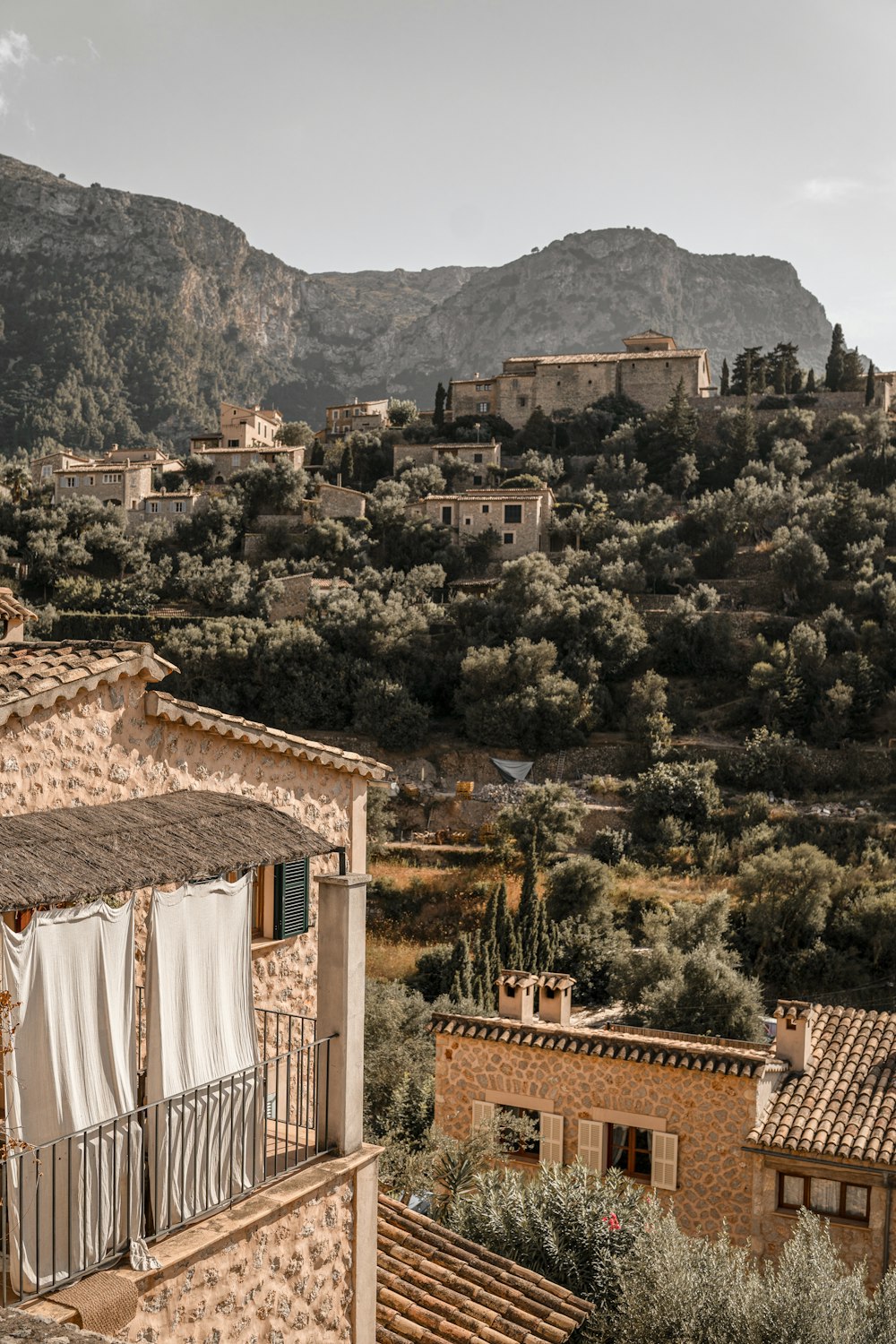 a town with trees and mountains in the background