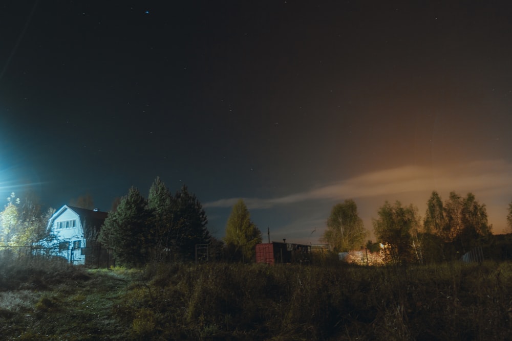 a house with trees and a light in the background