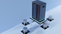 A high-tech server with multiple metal storage units connected through cables on a glossy blue surface, giving a futuristic impression.