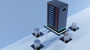 A high-tech server with multiple metal storage units connected through cables on a glossy blue surface, giving a futuristic impression.