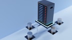 A high-tech server with multiple metal storage units connected through cables on a glossy blue surface, giving a futuristic impression.