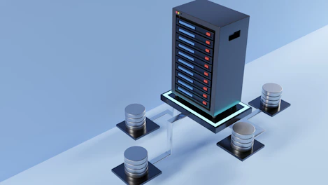 A sleek digital storage server with glowing blue lights in a dark room.