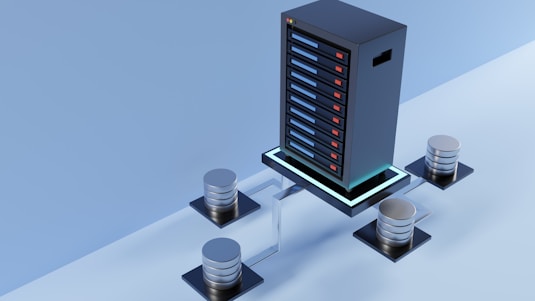 A high-tech server with multiple metal storage units connected through cables on a glossy blue surface, giving a futuristic impression.