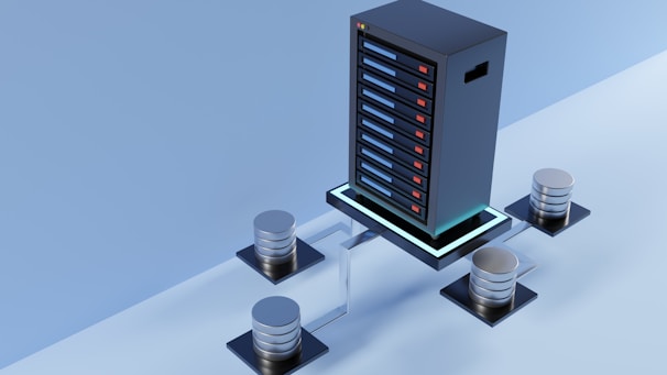 A high-tech server with multiple metal storage units connected through cables on a glossy blue surface, giving a futuristic impression.