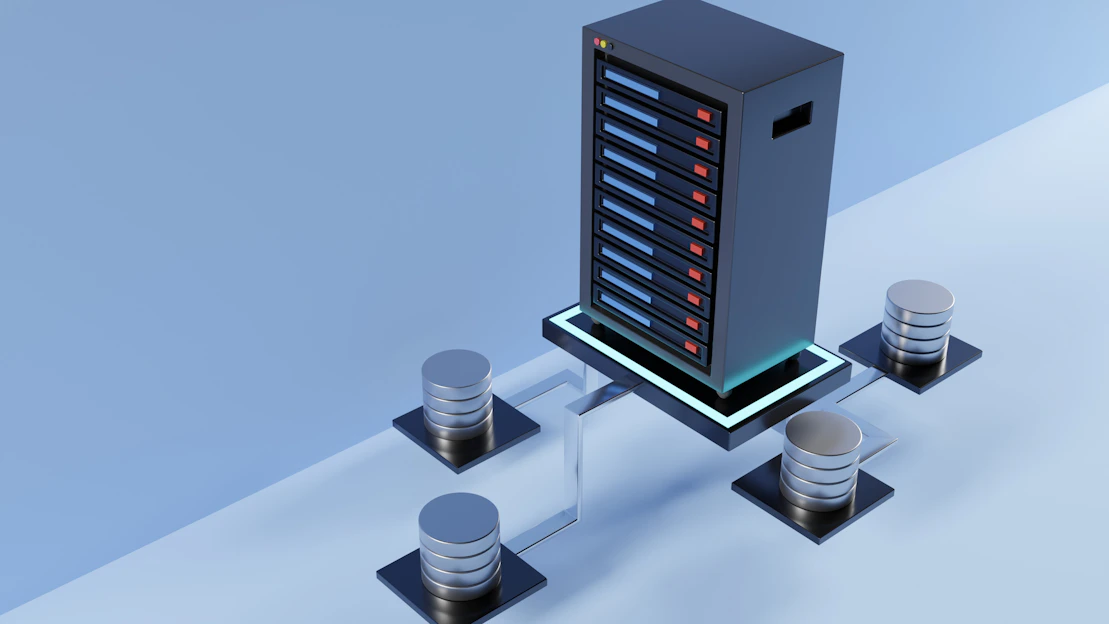 A glowing futuristic server room with AI holograms floating above sleek panels.