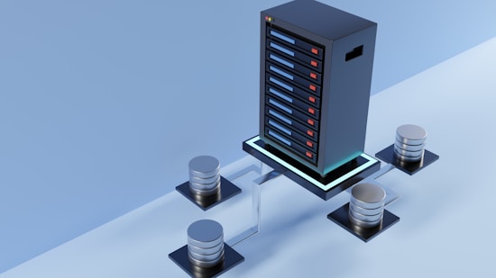 A high-tech server with multiple metal storage units connected through cables on a glossy blue surface, giving a futuristic impression.