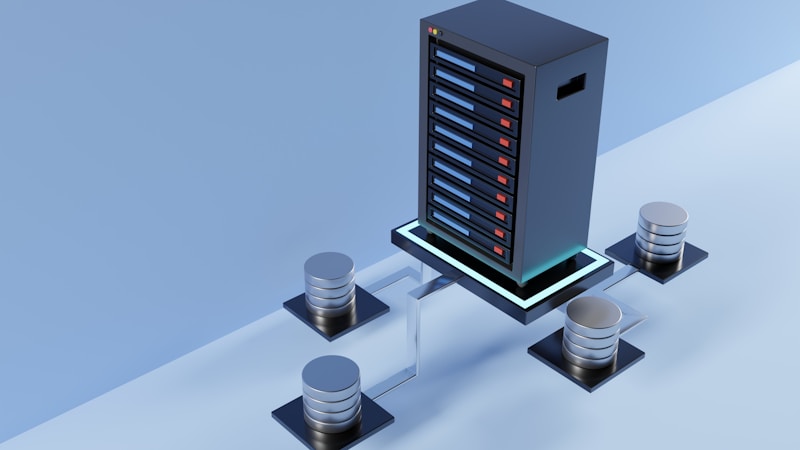 A high-tech server with multiple metal storage units connected through cables on a glossy blue surface, giving a futuristic impression.