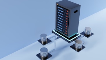 A high-tech server with multiple metal storage units connected through cables on a glossy blue surface, giving a futuristic impression.