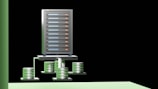 A visualization of a data storage system featuring a main server unit connected to a series of cylindrical storage units. The server has multiple horizontal rows, each with indicators. The background is black, providing a strong contrast to the metallic and green tones of the server and storage units.