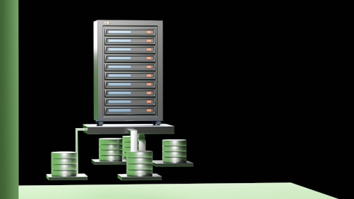 A visualization of a data storage system featuring a main server unit connected to a series of cylindrical storage units. The server has multiple horizontal rows, each with indicators. The background is black, providing a strong contrast to the metallic and green tones of the server and storage units.