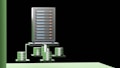 A visualization of a data storage system featuring a main server unit connected to a series of cylindrical storage units. The server has multiple horizontal rows, each with indicators. The background is black, providing a strong contrast to the metallic and green tones of the server and storage units.
