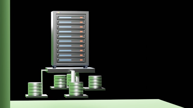 A visualization of a data storage system featuring a main server unit connected to a series of cylindrical storage units. The server has multiple horizontal rows, each with indicators. The background is black, providing a strong contrast to the metallic and green tones of the server and storage units.