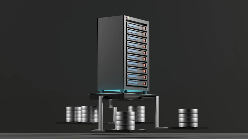 A digital rendering of a metallic server rack surrounded by cylindrical storage units.