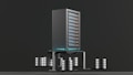 A digital rendering depicting a tall, metallic server rack positioned centrally on a platform. The server appears to have multiple blue-lit slots. Surrounding the rack, there are several stacks of cylindrical objects resembling databases or storage units, all set against a dark background.
