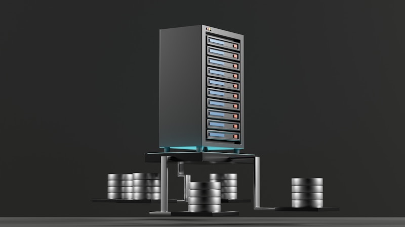 A digital rendering depicting a tall, metallic server rack positioned centrally on a platform. The server appears to have multiple blue-lit slots. Surrounding the rack, there are several stacks of cylindrical objects resembling databases or storage units, all set against a dark background.